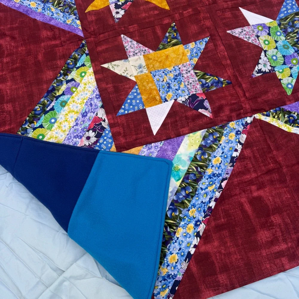 Vintage Handmade Star Patchwork Quilt Burgundy Floral Mason Jar Embroidery 60x60